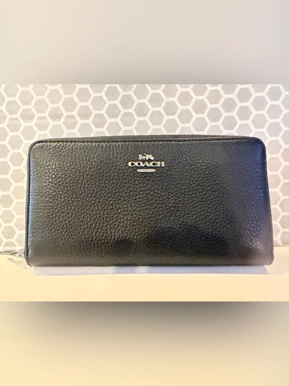 Coach Black Pebbled Leather Zip Wallet with Silver Logo